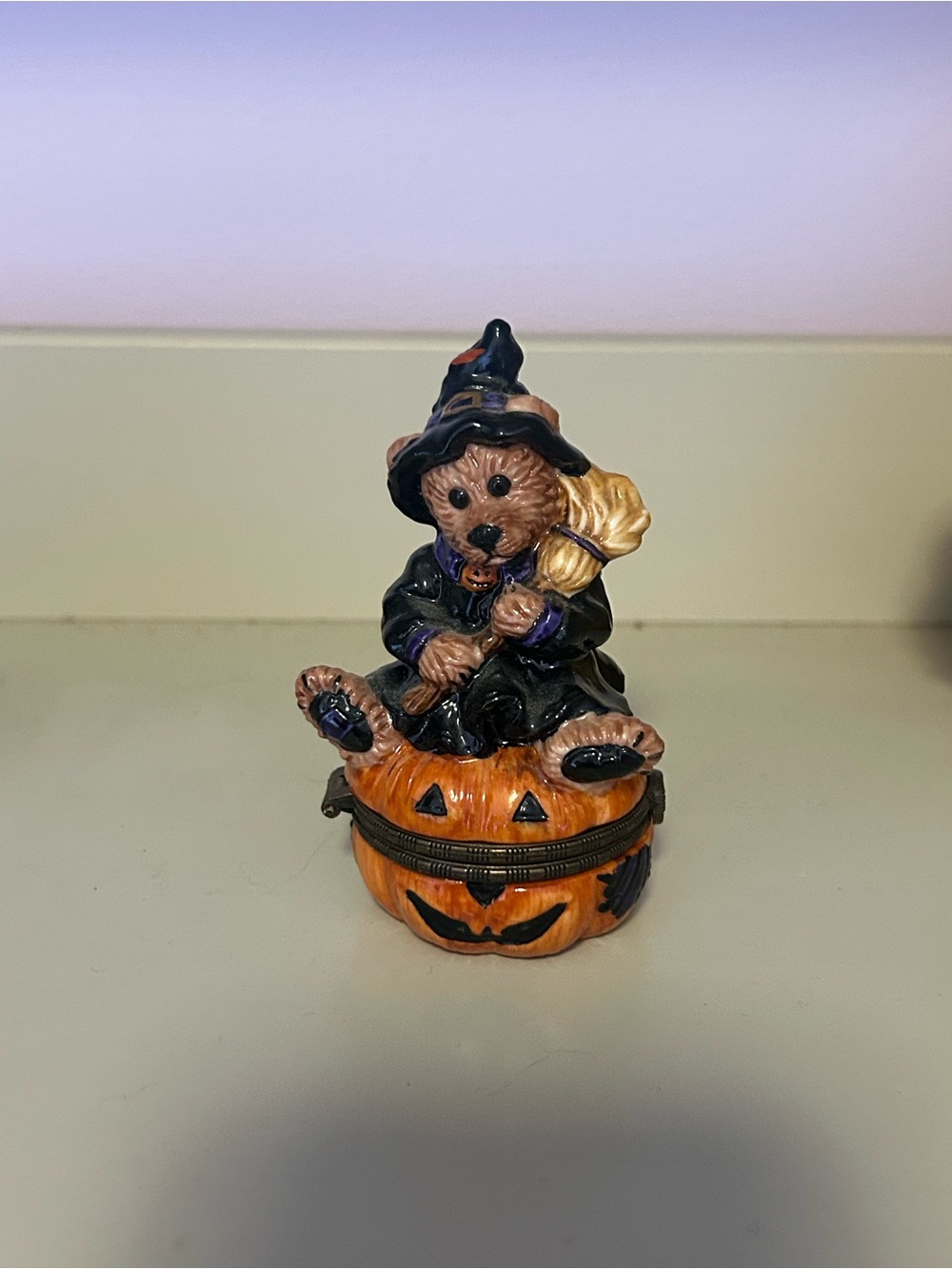 Halloween Bear on Pumpkin Trinket Box - Black & Orange